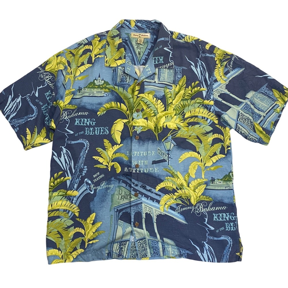 Tommy Bahama Shirt XL King of Blues Camp Hawaiian Vibrant Silk New Orleans